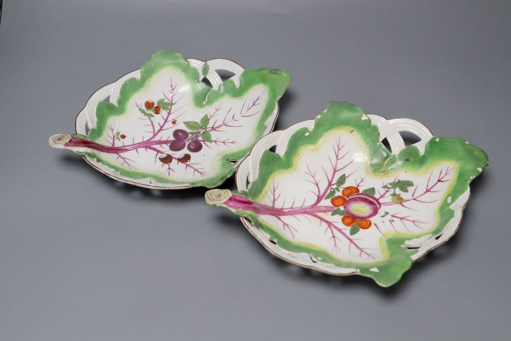 A pair of Chelsea leaf dishes, circa 1758, brown anchor marks (wear)